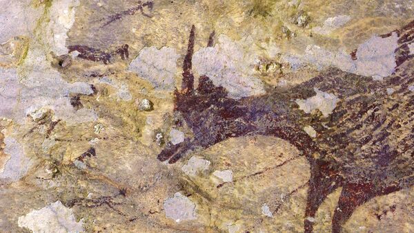 Uma pintura de caverna, que remonta a quase 44.000 anos, à vista em Leang Bulu Sipong 4, uma caverna de calcário em Sulawesi do Sul, Indonésia - Sputnik Brasil