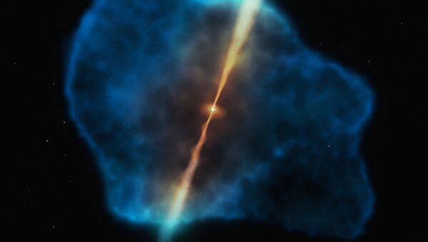 Halo de hidrogênio (azul) cercando o quasar (cor-de-laranja) nos primórdios do Universo - Sputnik Brasil