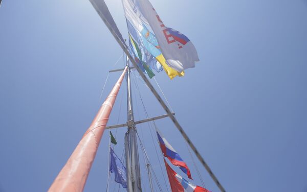Bandeiras hasteadas no mastro do veleiro russo Sibir durante a expedição rumo à Antártica - Sputnik Brasil