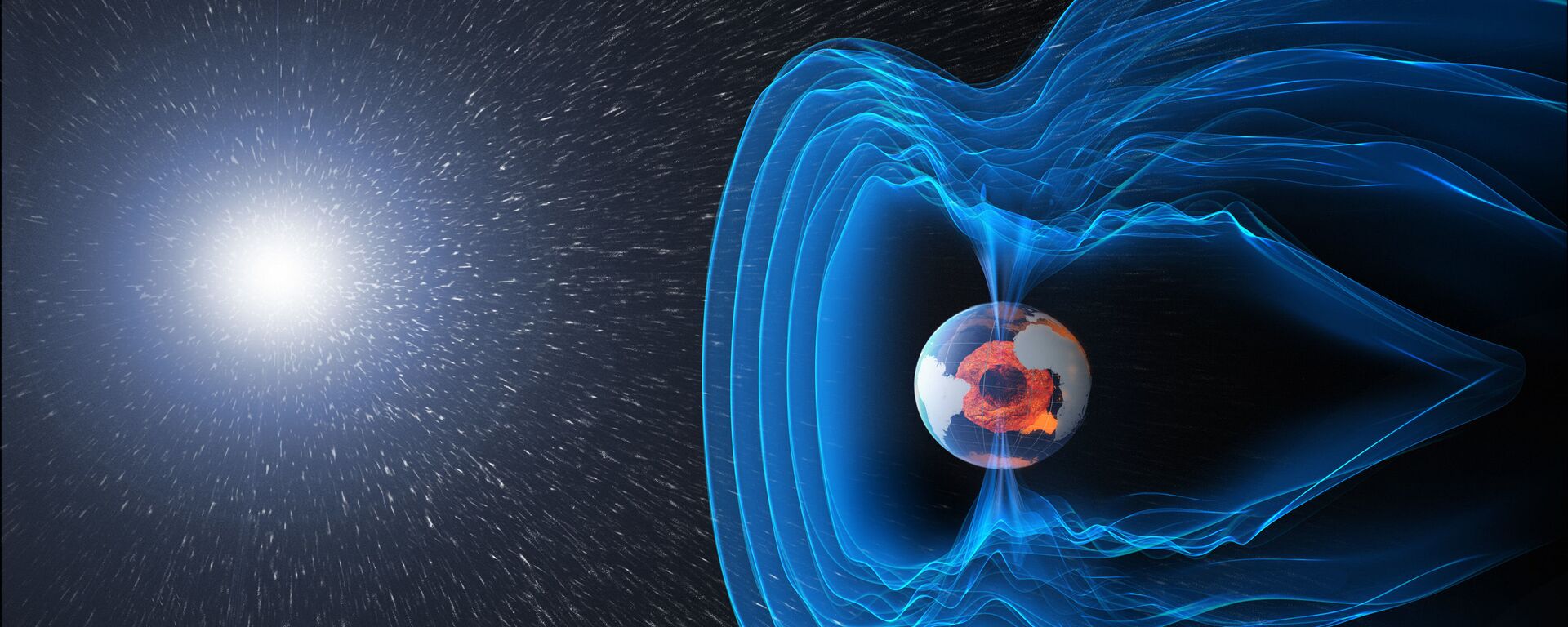 O campo magnético da Terra funciona como um escudo, protegendo o planeta da radiação cósmica e das partículas carregadas que correm na nossa direção com ventos solares - Sputnik Brasil, 1920, 06.07.2022