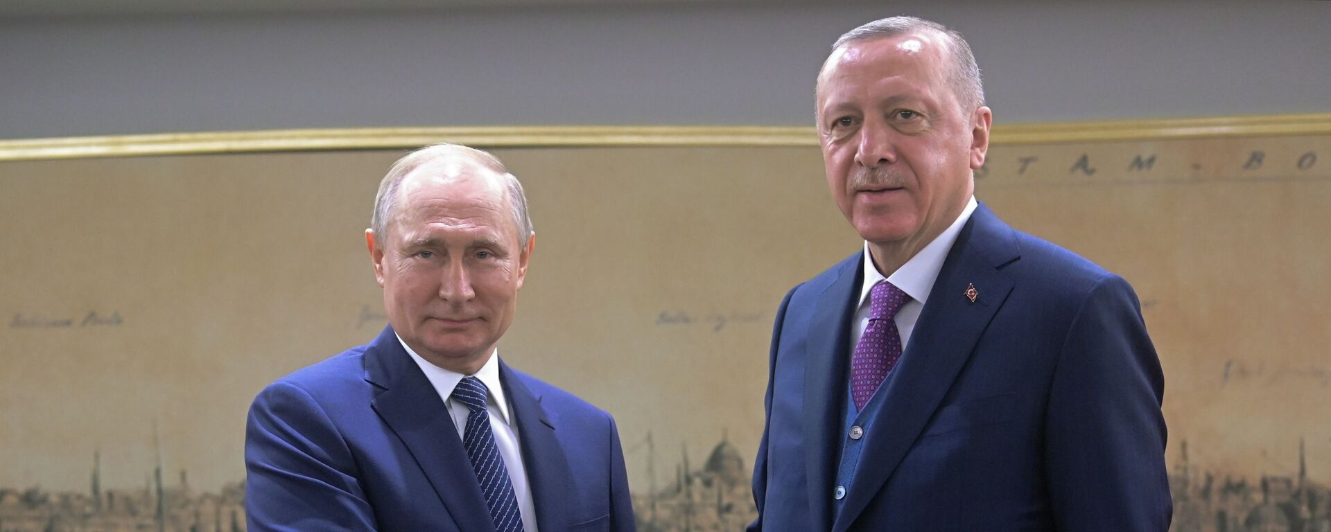O presidente russo Vladimir Putin aperta a mão do presidente turco Recep Tayyip Erdogan durante reunião em Istambul, Turquia. - Sputnik Brasil, 1920, 15.08.2022