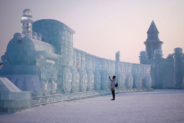 Visitante observa esculturas de gelo no festival anual de esculturas em gelo de Harbin, na China - Sputnik Brasil