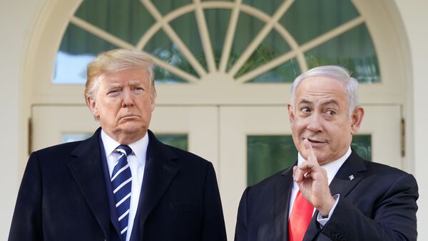 O presidente dos EUA, Donald Trump, ao lado do primeiro-ministro de Israel, Benjamin Netanyahu, na Casa Branca, em Washington. - Sputnik Brasil