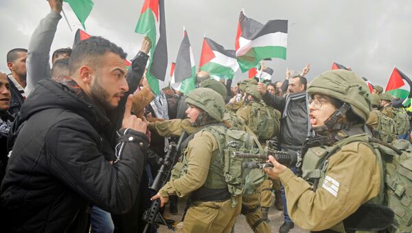Manifestante palestino discute com soldado israelense durante protesto contra o plano de Trump, em 29 de janeiro de 2020 - Sputnik Brasil