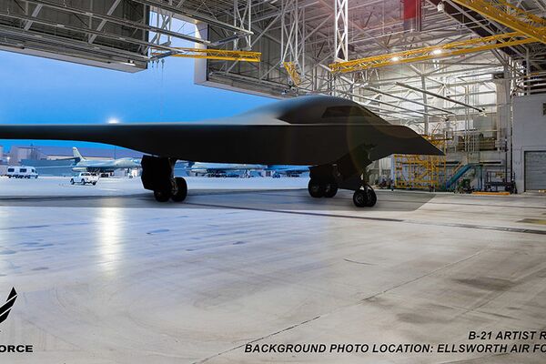 Imagem conceitual do bombardeiro B-21 Raider na Base Aérea de Ellsworth  - Sputnik Brasil