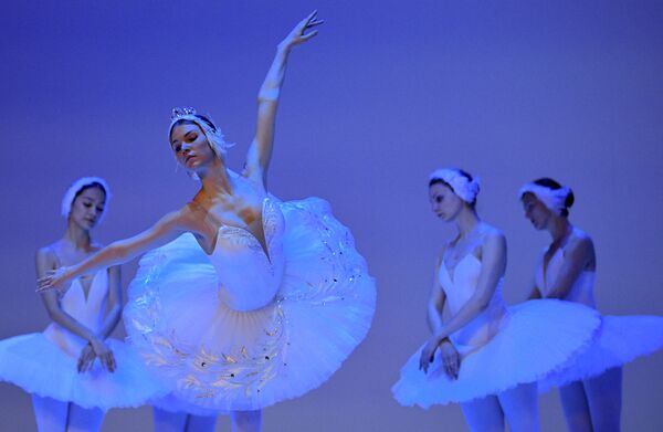 Dançarinas do Royal Ballet da Rússia executam cena da peça Lago dos Cisnes durante um ensaio no teatro Colón, na capital colombiana de Bogotá - Sputnik Brasil
