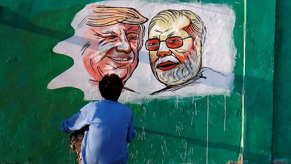Pintor termina detalhes de obra com Donald Trump e Narendra Modi em Ahmedabad, na Índia - Sputnik Brasil