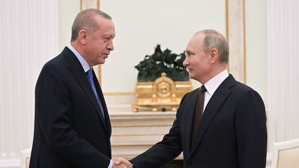 O presidente russo, Vladimir Putin (à direita), e o presidente turco, Recep Tayyip Erdogan, se reúnem em Moscou (foto de arquivo) - Sputnik Brasil