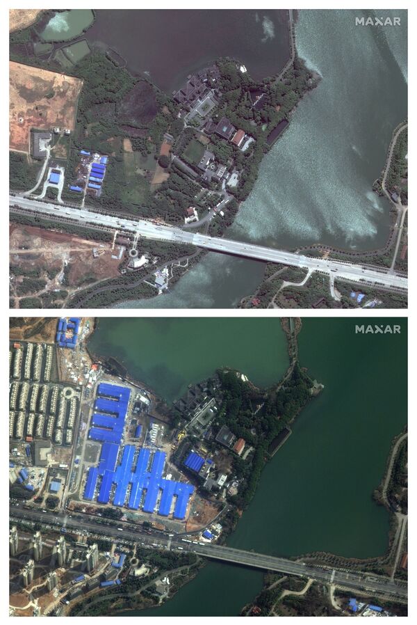 Imagens de satélite do Hospital Houshenshan, construído em Wuhan para lidar com pacientes do coronavírus - Sputnik Brasil