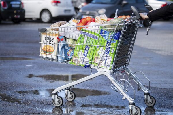 Carrinho de compras lotado é empurrado por consumidor na cidade de Pullach, na Alemanha - Sputnik Brasil