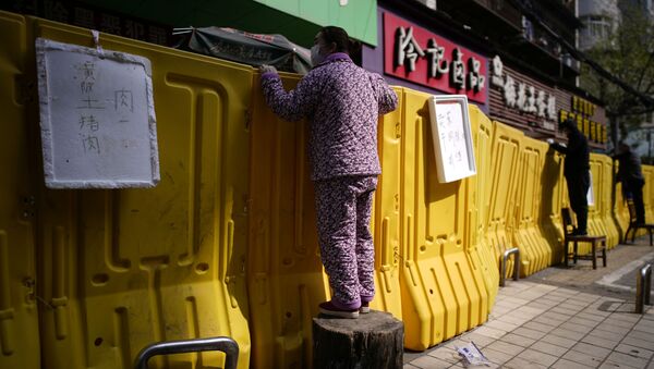 Residentes pagam produtos subindo em cadeiras em um mercado em Wuhan, China - Sputnik Brasil