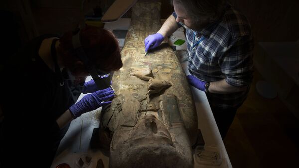 Conservadores do Museu e Galeria de Perth limpando o sarcófago da múmia Ta-Kr-Hb de 3.000 anos - Sputnik Brasil