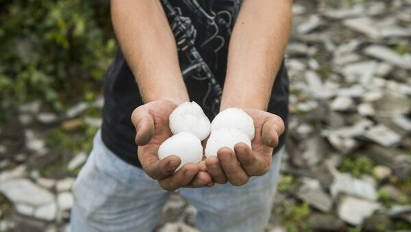 Homem segura bolas de granizo após tempestade - Sputnik Brasil
