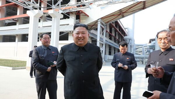 Líder norte-coreano Kim Jong-un assiste à conclusão de uma fábrica de fertilizantes, em uma região a norte da capital, Pyongyang, em 2 de maio de 2020 - Sputnik Brasil