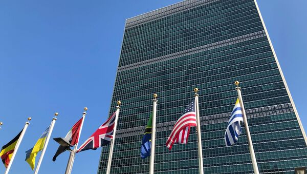Sede da ONU em Nova York com bandeiras dos Estados-membros - Sputnik Brasil