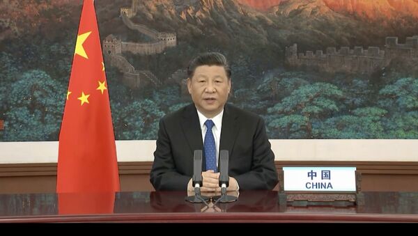 Presidente da China, Xi Jinping, durante participação por videoconferência na Assembleia da Organização Mundial da Saúde (OMS), 18 de maio de 2020 - Sputnik Brasil