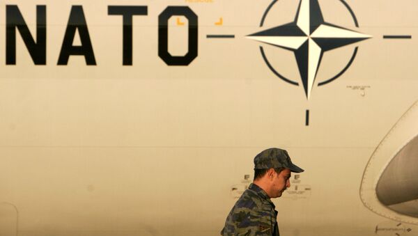 Um membro da Força Aérea da Grécia passa diante de um logo da OTAN em uma aeronave de vigilância AWACS, em 16 de novembro de 2006, na base aérea de Adravida, Grécia. - Sputnik Brasil