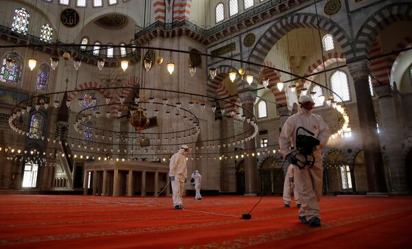 Mesquita Suleiman é desinfetada em Istambul, na Turquia, no contexto da pandemia do coronavírus - Sputnik Brasil