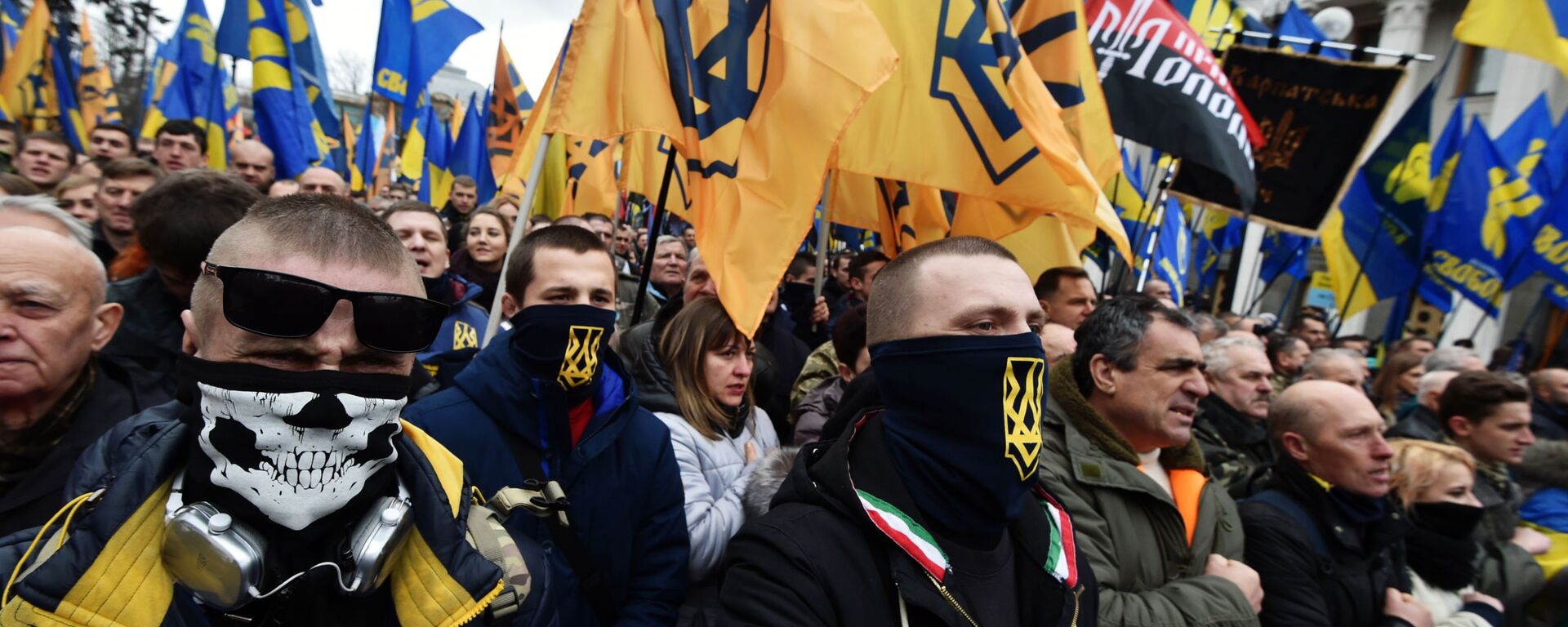 Apoiadores de diversos grupos de nacionalistas radicais ucranianos, em manifestação em Kiev, 22 de fevereiro de 2017 - Sputnik Brasil, 1920, 03.04.2022