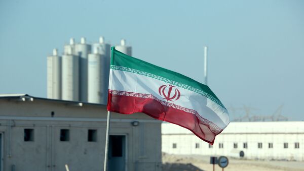 Bandeira iraniana hasteada na usina nuclear de Bushehr, no Irã, durante cerimônia oficial de início das obras de um segundo reator da instalação, 10 de novembro de 2019 - Sputnik Brasil