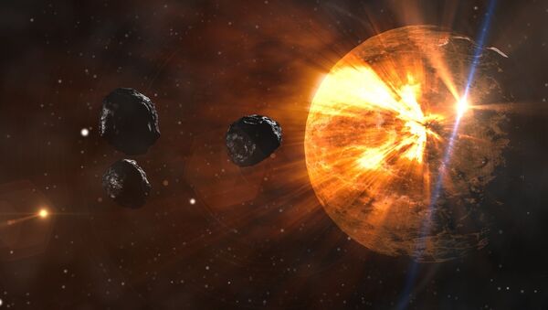 Impressão artística de asteroides caindo em planeta - Sputnik Brasil