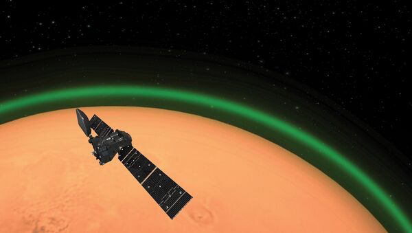 Representação artística exibe brilho verde na atmosfera de Marte - Sputnik Brasil
