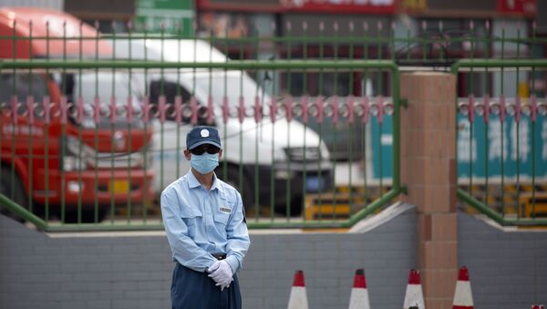 Segurança monta guarda em frente do mercado de Xinfadi em Pequim, sábado, 13 de junho de 2020. Pequim fechou o maior mercado da cidade após a descoberta de 7 casos do novo coronavírus nos dois dias anteriores - Sputnik Brasil
