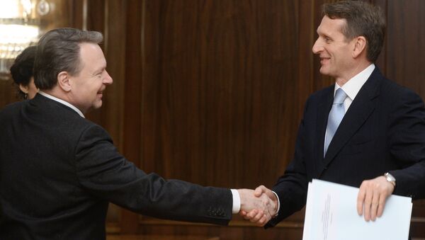 Sergei Naryshkin (direita) e Ilkka Kanerva durante encontro em Moscou - Sputnik Brasil