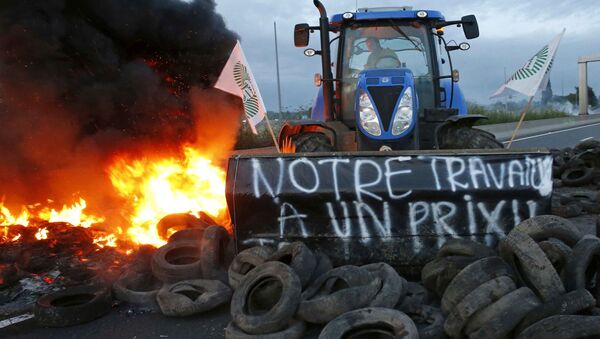 Trator interdita estrada durante greve de agricultores no oeste da França - Sputnik Brasil
