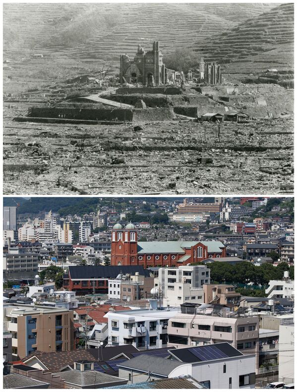 A combinação de fotos que mostra a Catedral de Urakami que foi destruida pelo bombardeio atômico de Nagasaki em 9 de agosto de 1945. - Sputnik Brasil