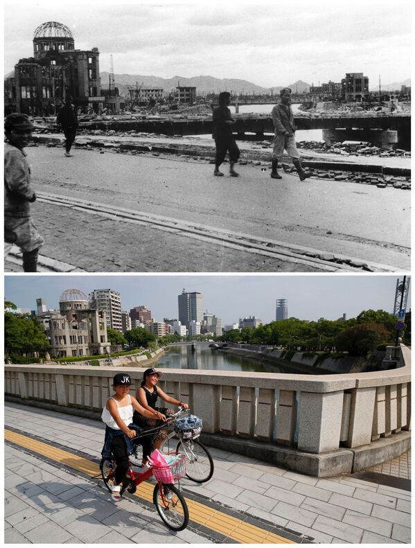 A Cúpula de Genbaku chamada hoje a Cúpula da Bomba Atômica. As pessoas passeando pela ponte Aioi em Hiroshima. - Sputnik Brasil