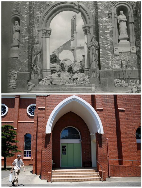 A Catedral de Urakami em Nagasaki depois da explosão da bomba atômica em 9 de agosto de 1945 e hoje em dia. - Sputnik Brasil