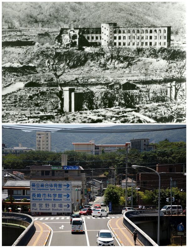 A escola nacional de Shiroyama, destruida depois do bombardeio atômico de Nagasaki em 9 de agosto de 1945 e o mesmo edifício hoje em dia (de baixo). - Sputnik Brasil