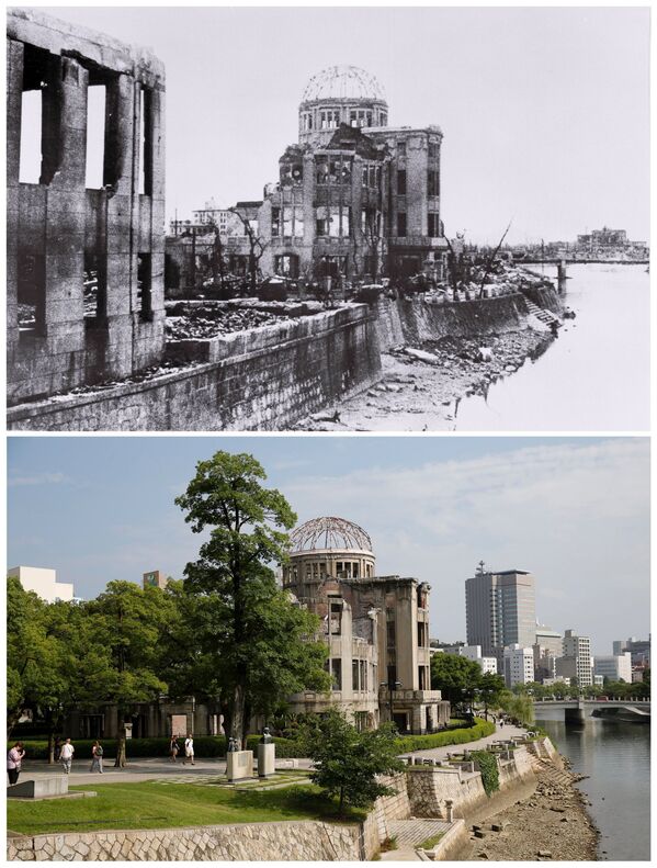 O Memorial da Paz de Hiroshima após o bombardeio de 6 de agosto de 1945 e hoje. - Sputnik Brasil