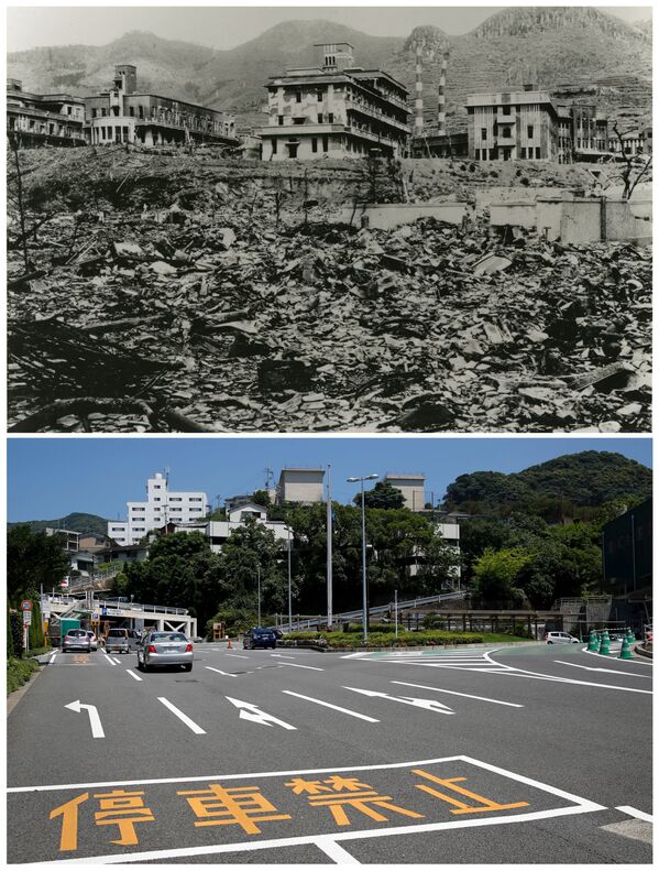 A Universidade Médica depois do bombardeio atômico de Nagasaki em 9 de agosto de 1945 e hoje em dia. - Sputnik Brasil