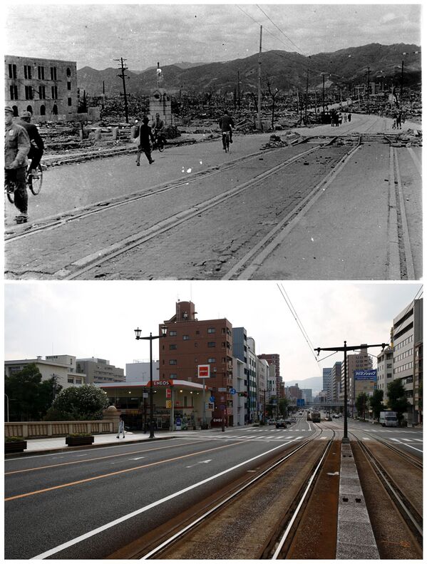 A ponte Aioi na cidade de Hiroshima depois do bombardeio atômico em 6 de agosto de 1945 e nos nossos dias (de baixo). - Sputnik Brasil