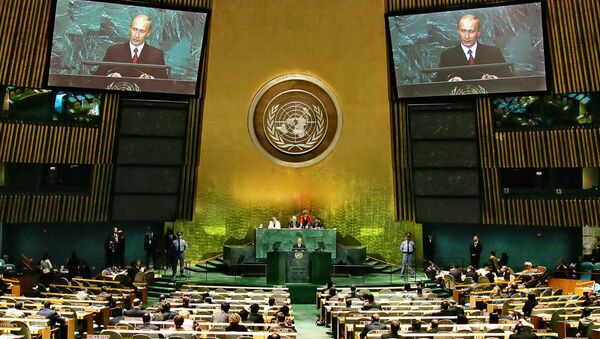 Presidente da Rússia, Vladimir Putin, discursa na Assembleia Geral da ONU em 2005 - Sputnik Brasil