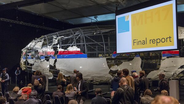 The reconstructed airplane serves as a backdrop during the presentation of the final report into the crash of July 2014 of Malaysia Airlines flight MH17 over Ukraine, in Gilze Rijen, the Netherlands, October 13, 2015 - Sputnik Brasil