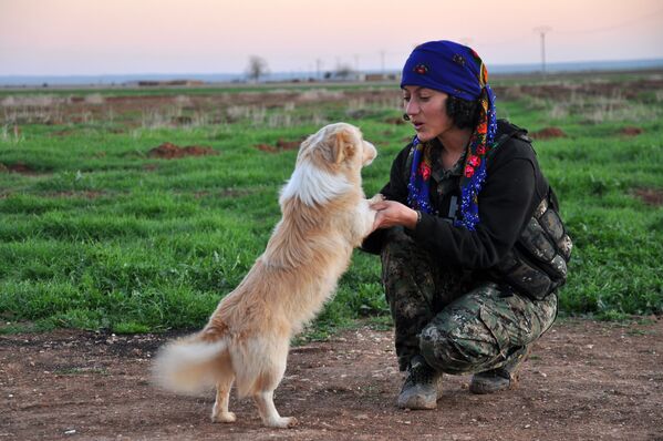 Uma miliciana curda da Unidades de Proteção das Mulheres (YPJ) joga com cachorro na cidade síria de Ras al-Ain, perto da fronteira com a Turquia. - Sputnik Brasil