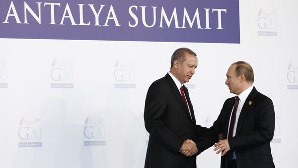 O presidente turco, Recep Tayyip Erdogan, cumprimenta o presidente russo, Vladimir Putin, durante a cerimônia da inauguração da cúpula do G20 na Turquia em 15 de novembro de 2015, em Antália - Sputnik Brasil