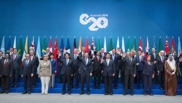 Líderes posam para foto de grupo durante a cúpula do G20, em Brisbane, Austrália, em 15 de novembro de 2014 - Sputnik Brasil