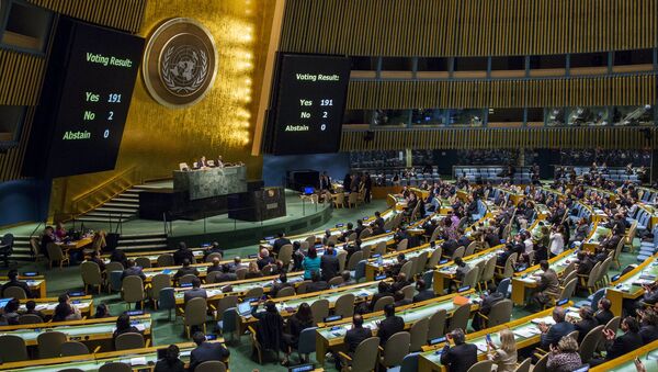 Voting results are shown on boards following a United Nations General Assembly - Sputnik Brasil