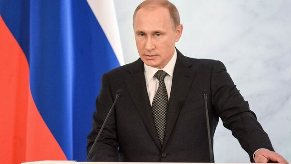 Presidente russo Vladimir Putin está discursando perante a Assambleia Federal da Federação da Rússia, Kremlin, Moscou, 4 de dezembro de 2014 - Sputnik Brasil