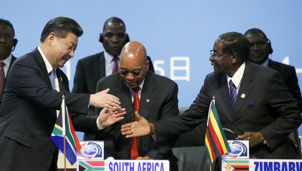 O presidente da China, Xi Jinping, cumprimenta o presidente do Zimbabwe e da União Africana, Robert Mugabe, diante do presidente da África do Sul, Jacob Zuma. - Sputnik Brasil