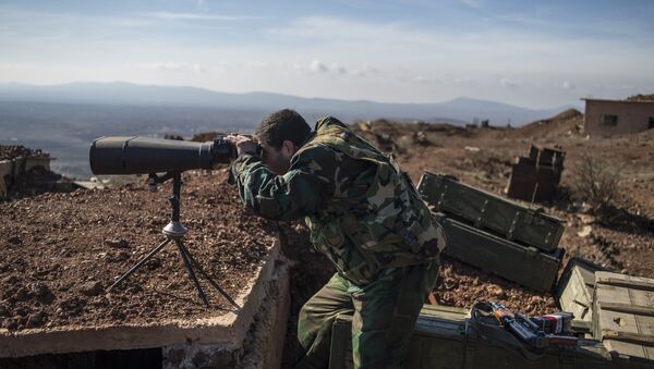Soldado do exército sírio observa territórios na província de Quneitra - Sputnik Brasil