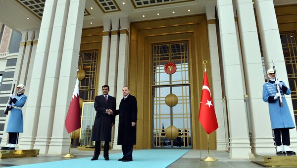 O presidente turco Recep Tayyip Erdogan, à direita, e o Emir do Catar, sheikh Tamim bin Hamad Al-Thani apertam as mãos na entrada ao palácio presidencial em Ancara, Turquia, em 19 de dezembro, 2014 - Sputnik Brasil
