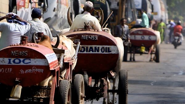 Carros empurrados por burros que transportam petróleo na Índia, Mumbai - Sputnik Brasil