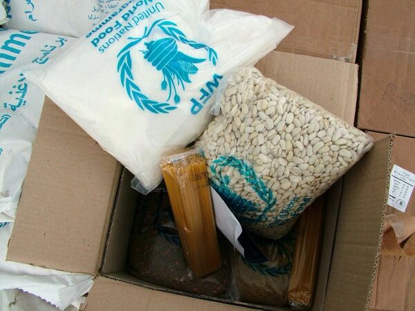 As caixas da ajuda humanitária russa contêm comida, item que mais falta nas áreas assoladas por um conflito - Sputnik Brasil