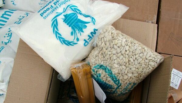 As caixas da ajuda humanitária russa contêm comida, item que mais falta nas áreas assoladas por um conflito - Sputnik Brasil