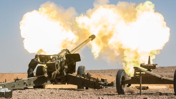 Artilharia do Exército sírio realizam ações militares contra terroristas nos arredores da cidade de Mhin, Síria, 20 de fevereiro de 2016 - Sputnik Brasil